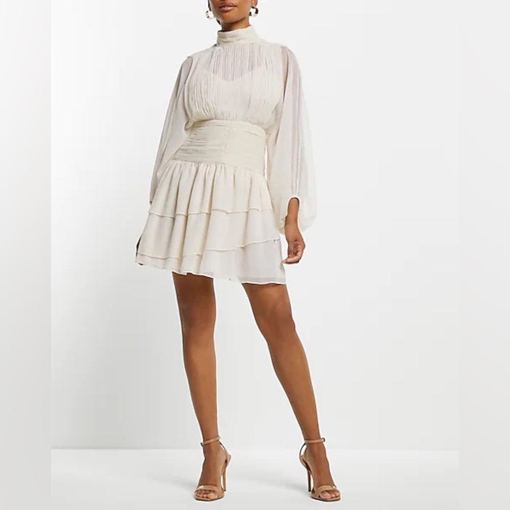 *NWT* Express Mock Neck Long Sleeve Pleated Waist Tiered Ruffle Mini Dress